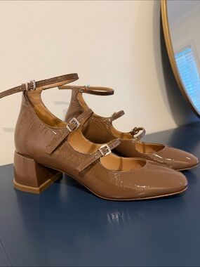Patent Brown Triple-Strap Ankle-Heel Pumps for Women